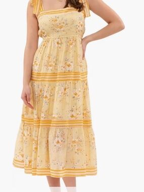 Sweet Wanderer Yellow Floral Tiered Midi Dress with Striped Trim